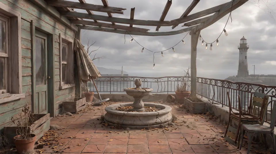 The seaside terrace before: a gray sky, a dry fountain and broken furniture